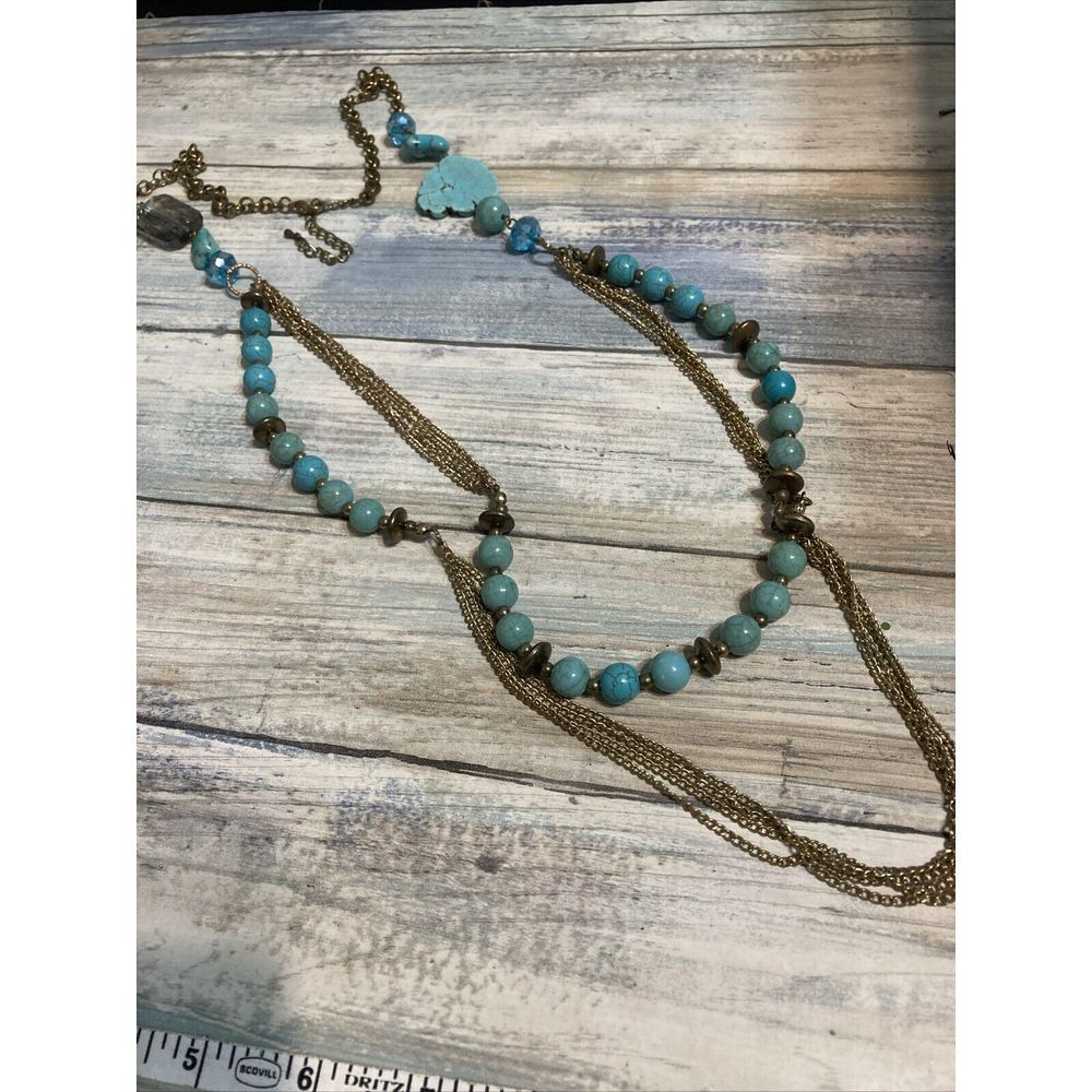 Turquoise Multi-chain 40" Beaded Necklace Acrylic Gold Tone Statement Blue